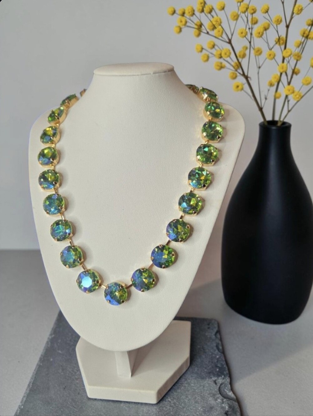 18k Gold Dipped Chunky Green Chrysolite Aqua AB Aurora Borealis Crystal Necklace